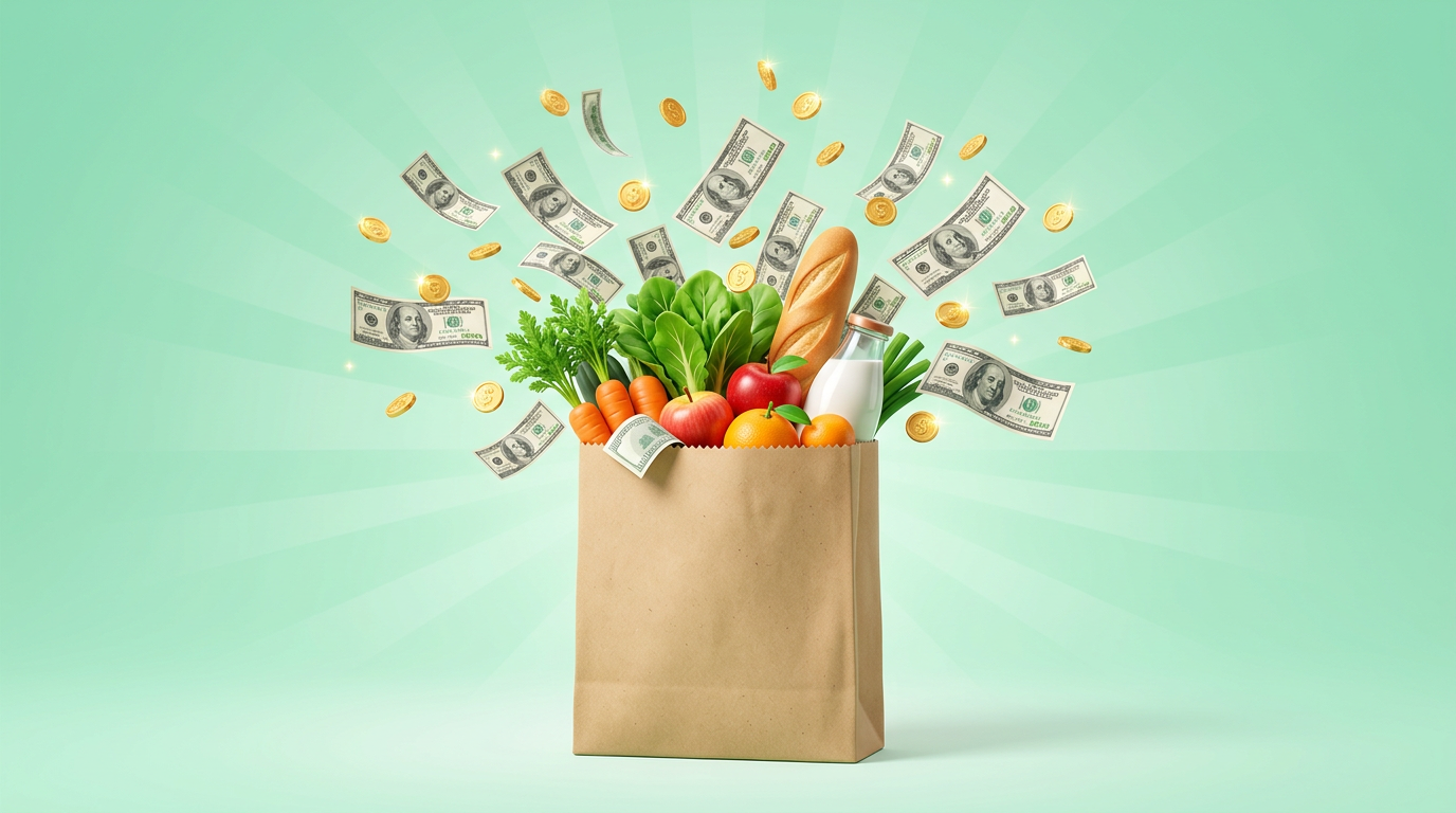 Paper grocery bag bursting with fresh groceries as hundred dollar bills and gold coins fly out